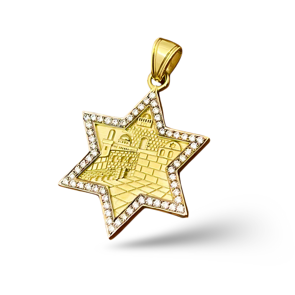 Star of David with Jerusalem Pendant in 14K Gold with Diamond Border