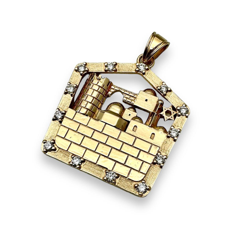 Jerusalem Skyline Western Wall Pendant in 18K Gold with Diamonds