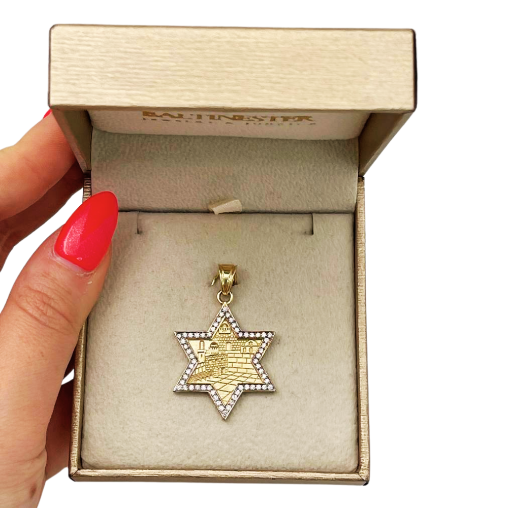 Star of David with Jerusalem Pendant in 14K Gold with Diamond Border