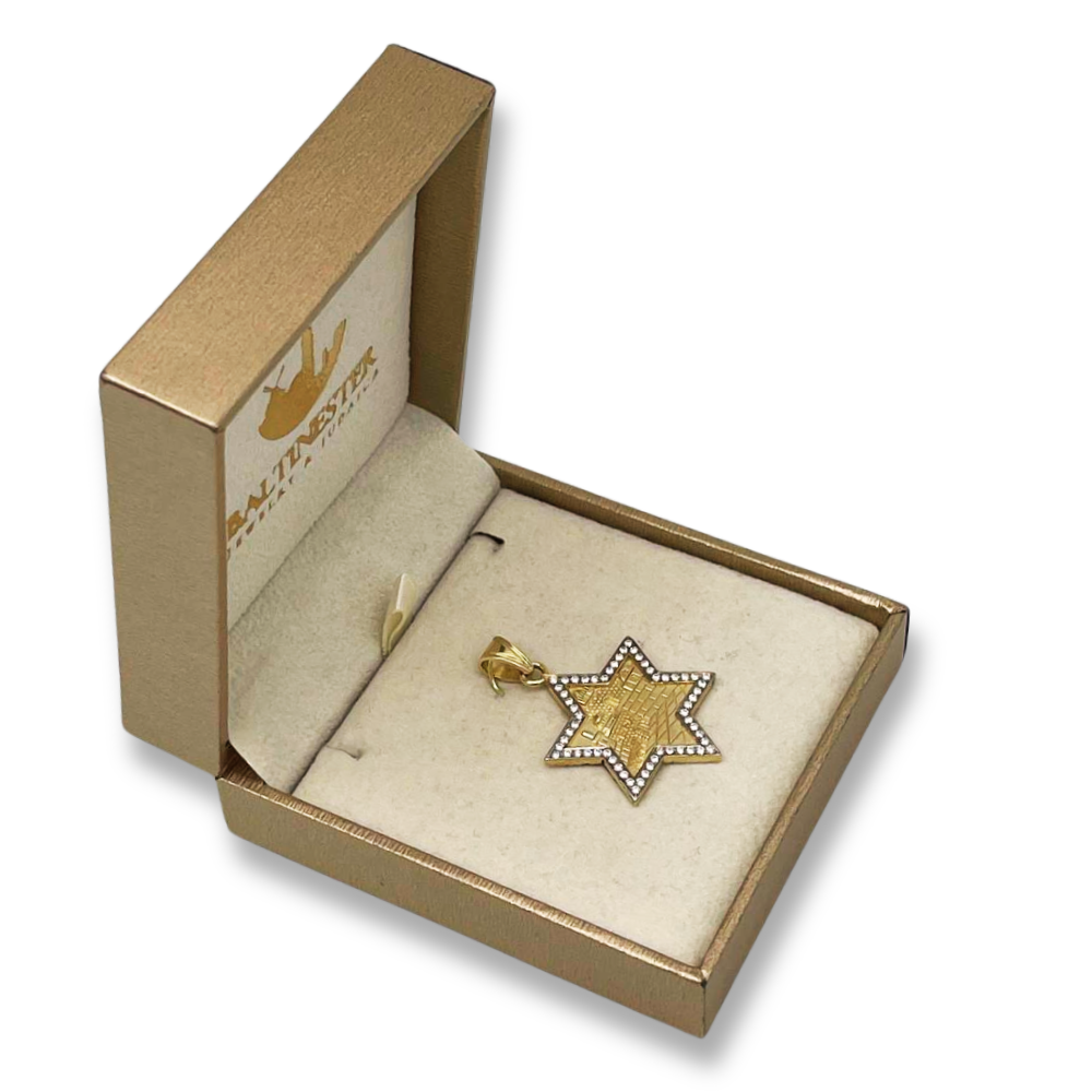 Star of David with Jerusalem Pendant in 14K Gold with Diamond Border