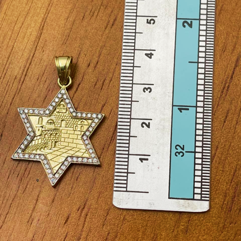 Star of David with Jerusalem Pendant in 14K Gold with Diamond Border
