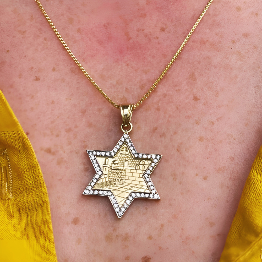 Star of David with Jerusalem Pendant in 14K Gold with Diamond Border