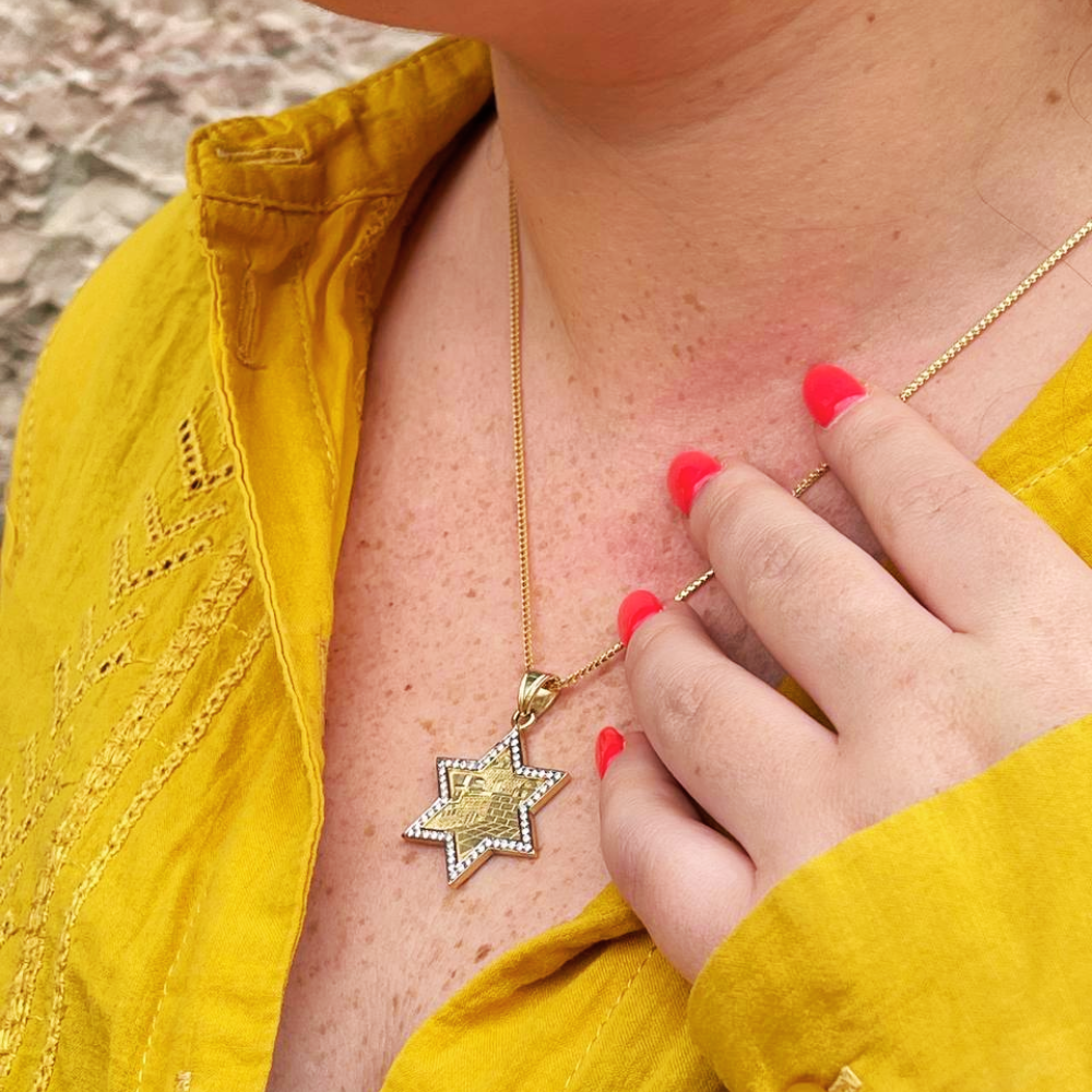 Star of David with Jerusalem Pendant in 14K Gold with Diamond Border