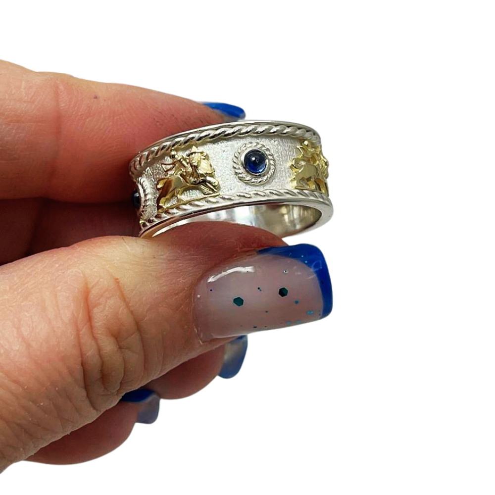 Lion of Zion Ring with Blue Sapphires in 14K Gold & Sterling Silver