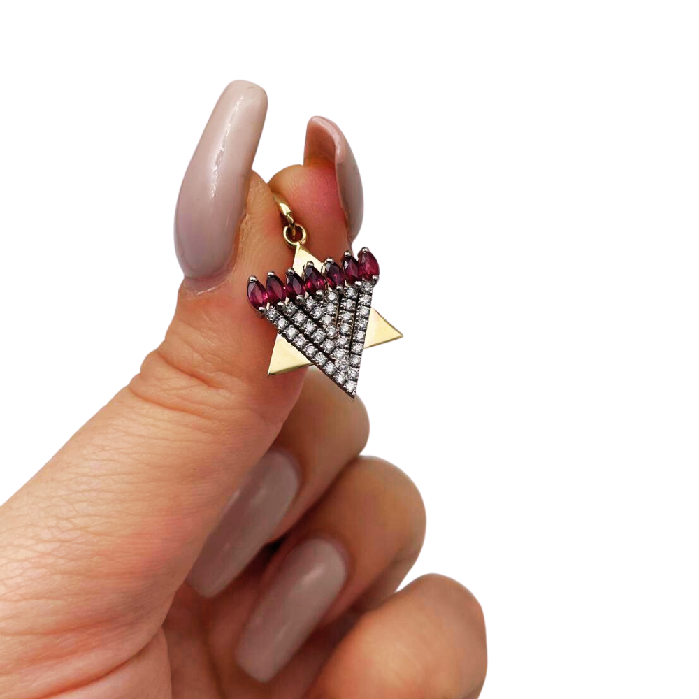 Menorah Pendant with Diamonds and Rubies in 14k Gold