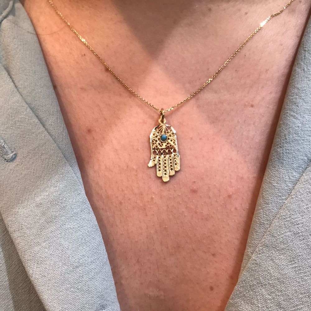 14k Gold Filigree Turquoise Hamsa Pendant