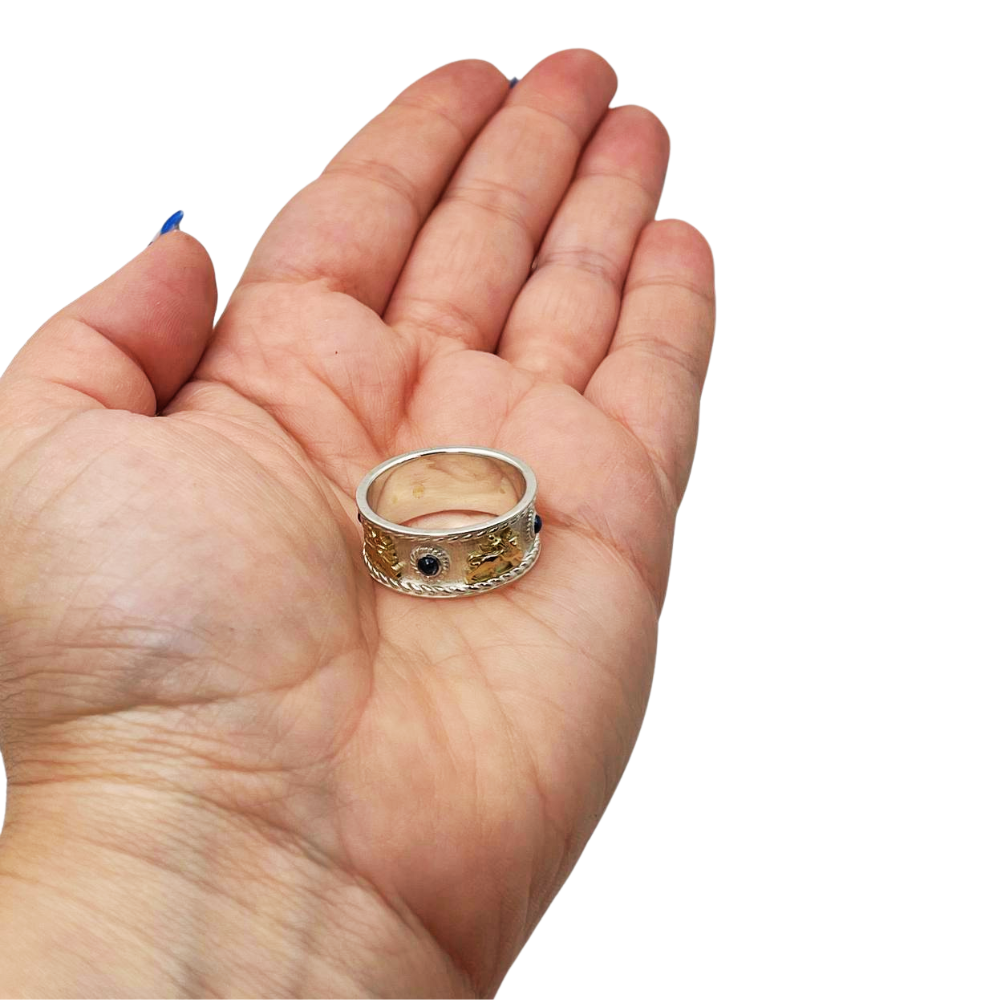 Lion of Zion Ring with Blue Sapphires in 14K Gold & Sterling Silver