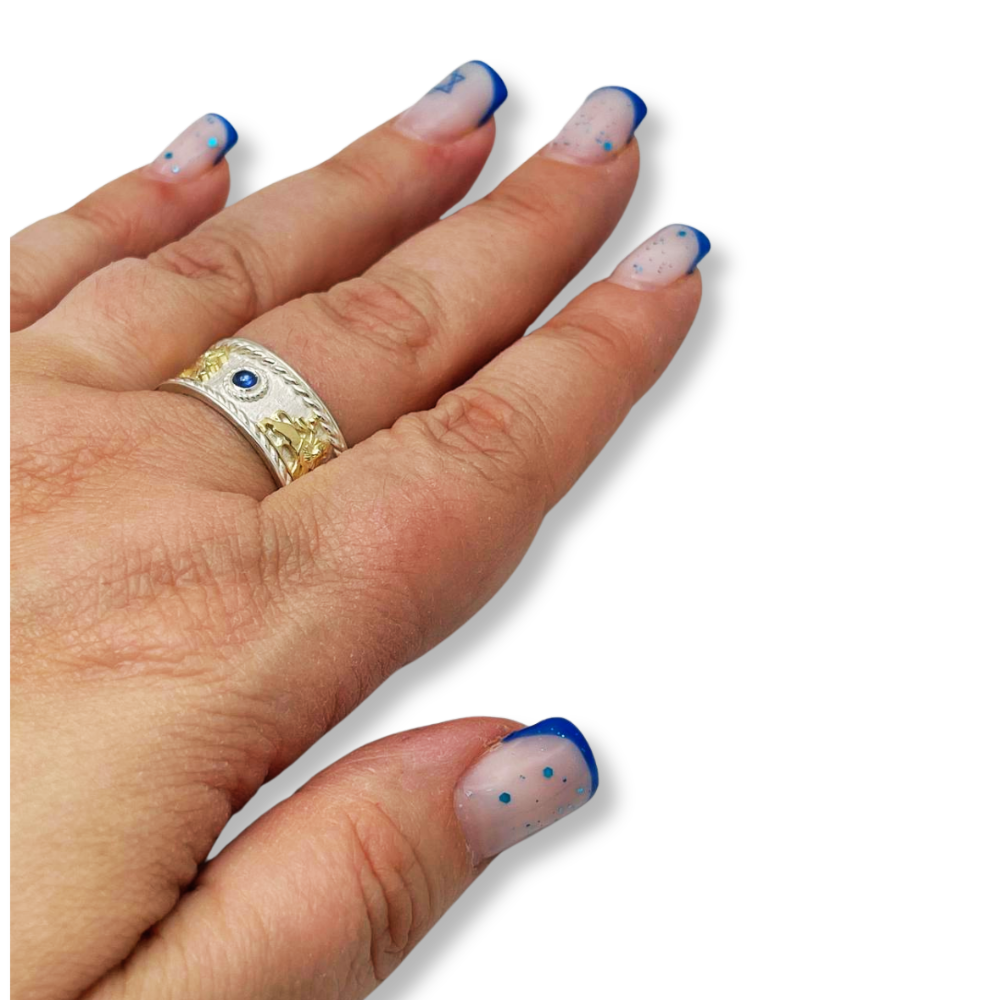 Lion of Zion Ring with Blue Sapphires in 14K Gold & Sterling Silver