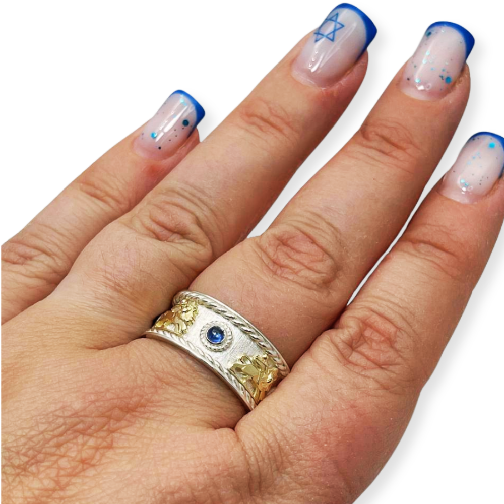 Lion of Zion Ring with Blue Sapphires in 14K Gold & Sterling Silver