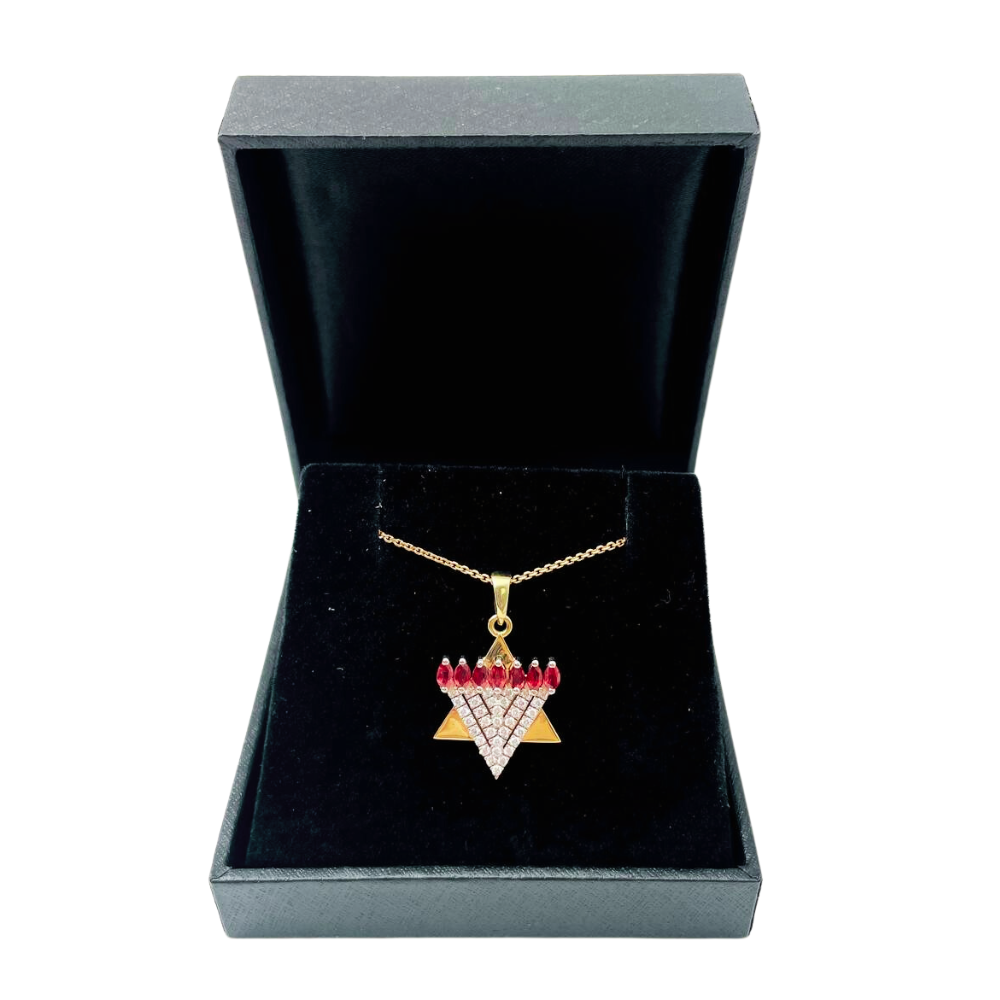 Menorah Pendant with Diamonds and Rubies in 14k Gold