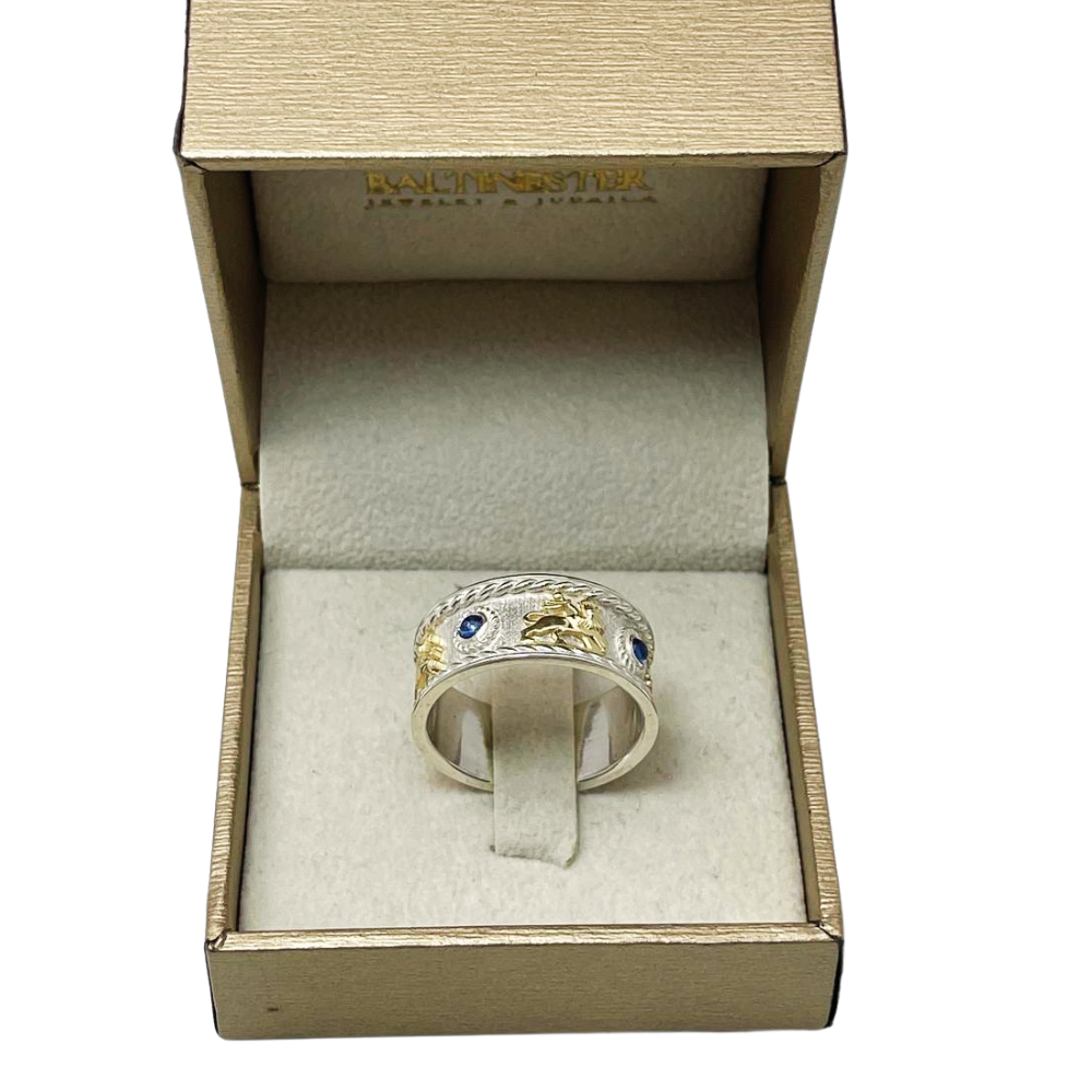 Lion of Zion Ring with Blue Sapphires in 14K Gold & Sterling Silver