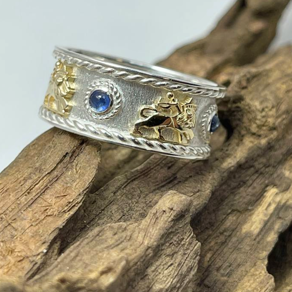 Lion of Zion Ring with Blue Sapphires in 14K Gold & Sterling Silver