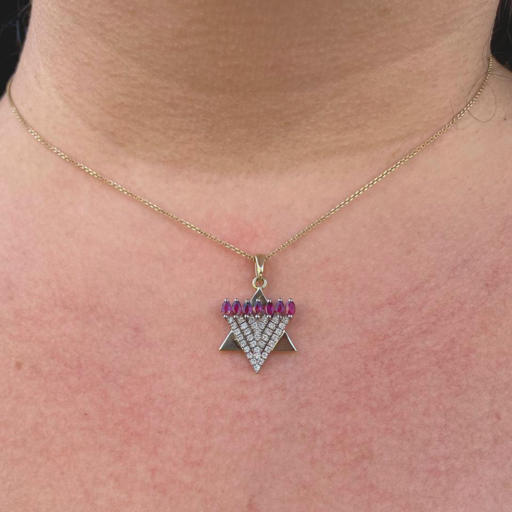 Menorah Pendant with Diamonds and Rubies in 14k Gold