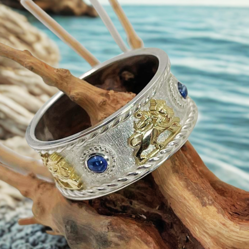 Lion of Zion Ring with Blue Sapphires in 14K Gold & Sterling Silver