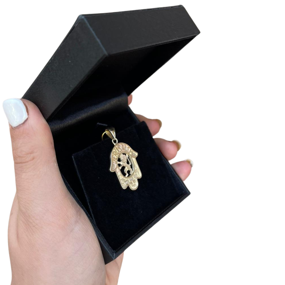 Hamsa Pendant in 14k Gold with Jerusalem, Lion and the Kotel