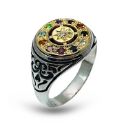 Hoshen Round Signet Ring in 14K Gold & 925 Silver with Natural Gemstones