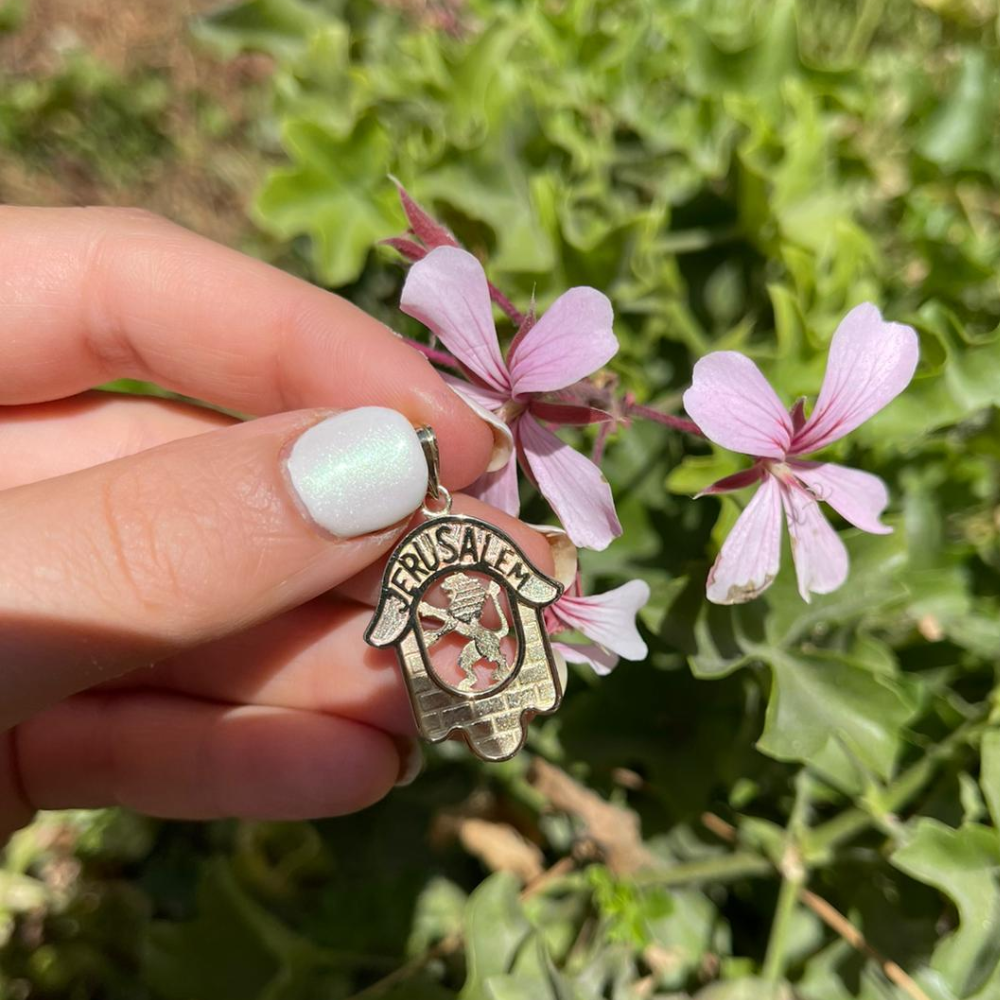 Hamsa Pendant in 14k Gold with Jerusalem, Lion and the Kotel