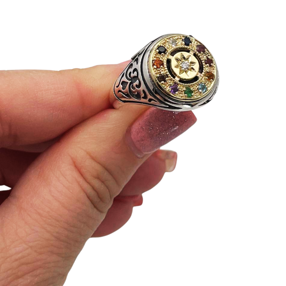 Hoshen Round Signet Ring in 14K Gold & 925 Silver with Natural Gemstones