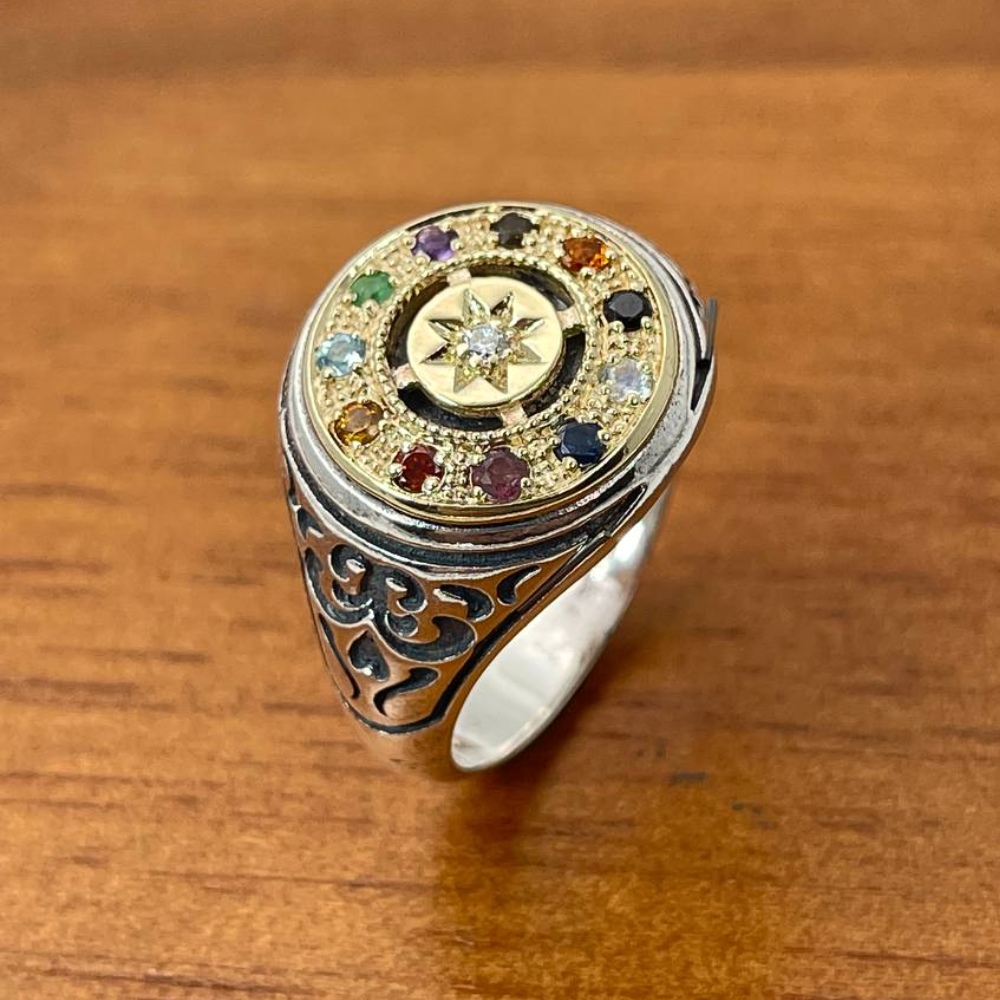 Hoshen Round Signet Ring in 14K Gold & 925 Silver with Natural Gemstones