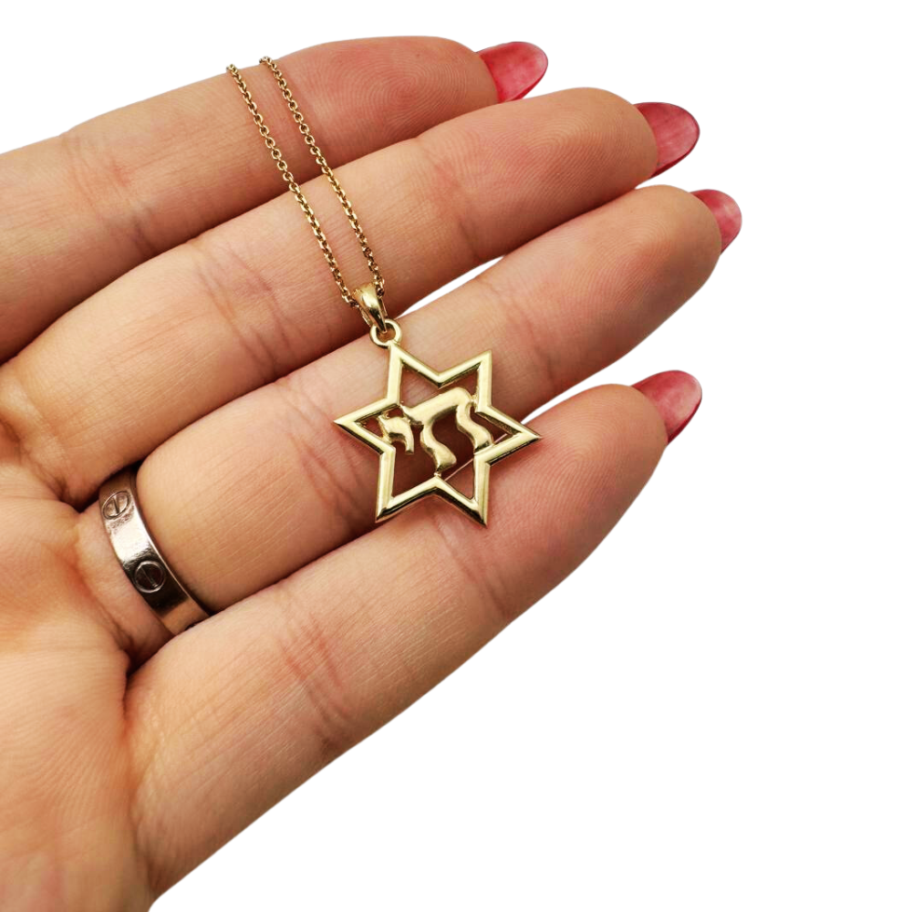 14K Gold Chai Star of David Pendant