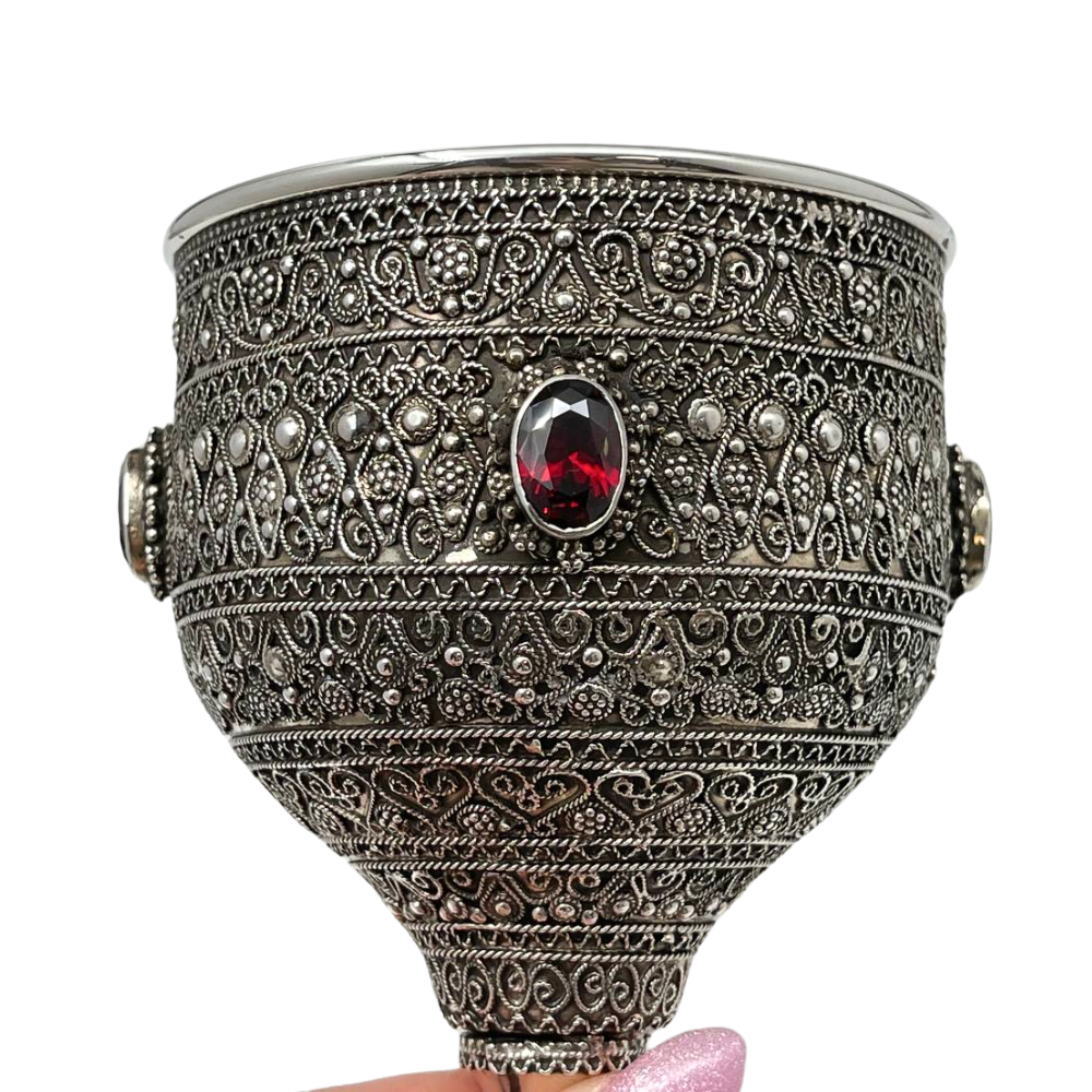 Kiddush Cup with Full Silver Filigree and Garnet Stones