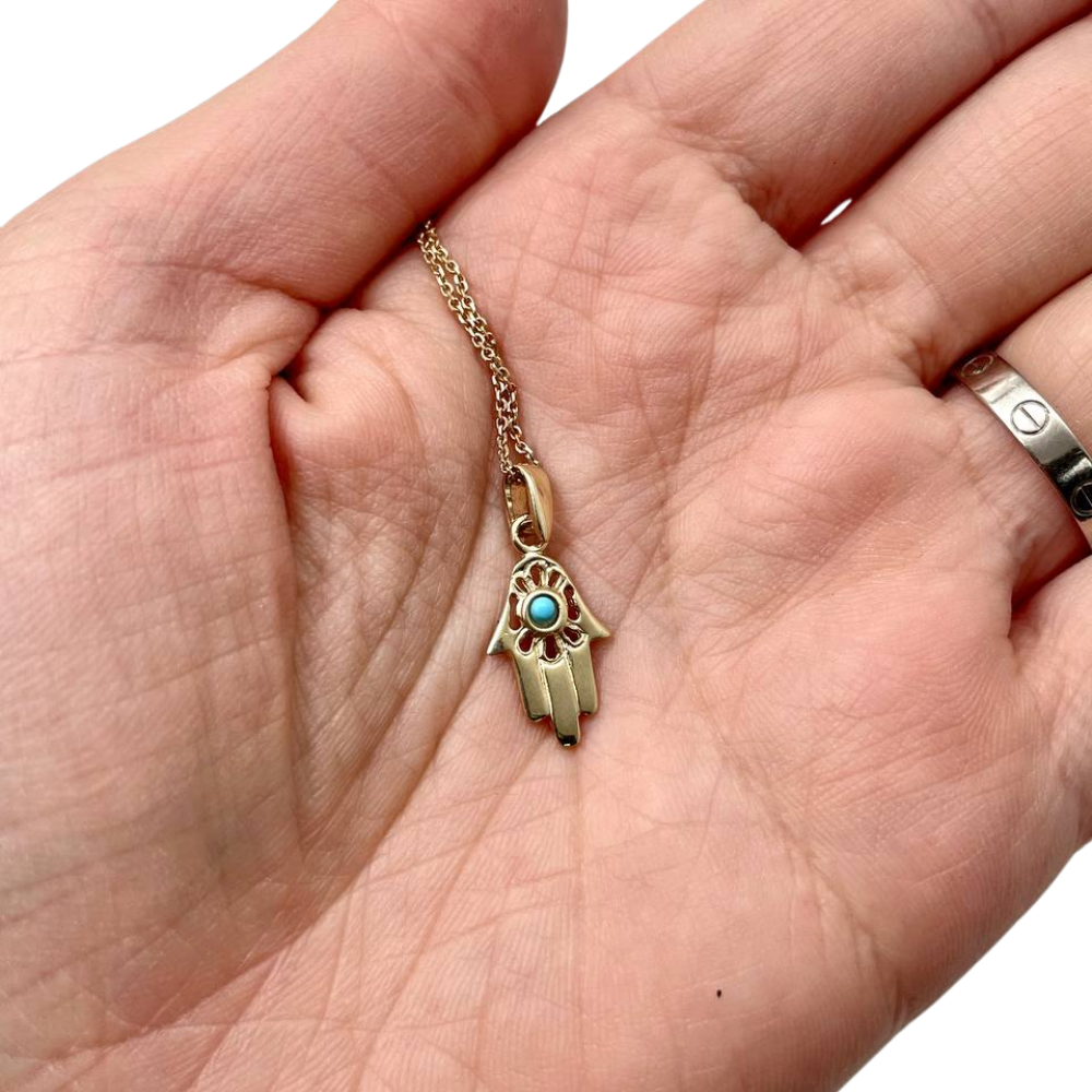 14k Gold Hamsa Pendant with Turquoise Stone