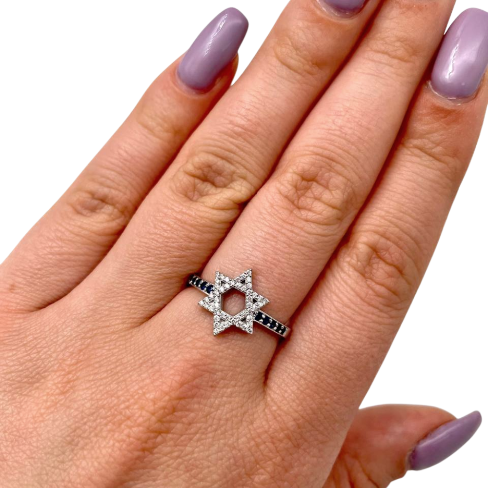 Star of David Ring with Diamonds and Sapphires in 14K White Gold