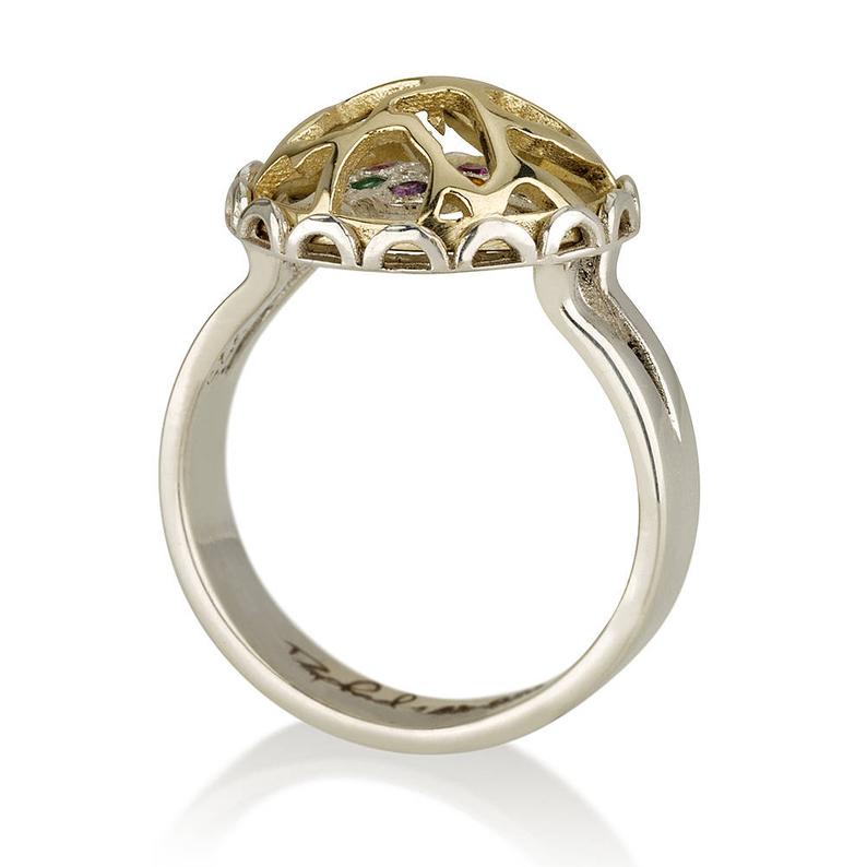 14K Yellow Gold and Silver Secret of Fortune Ring with 12 Hoshen Gems