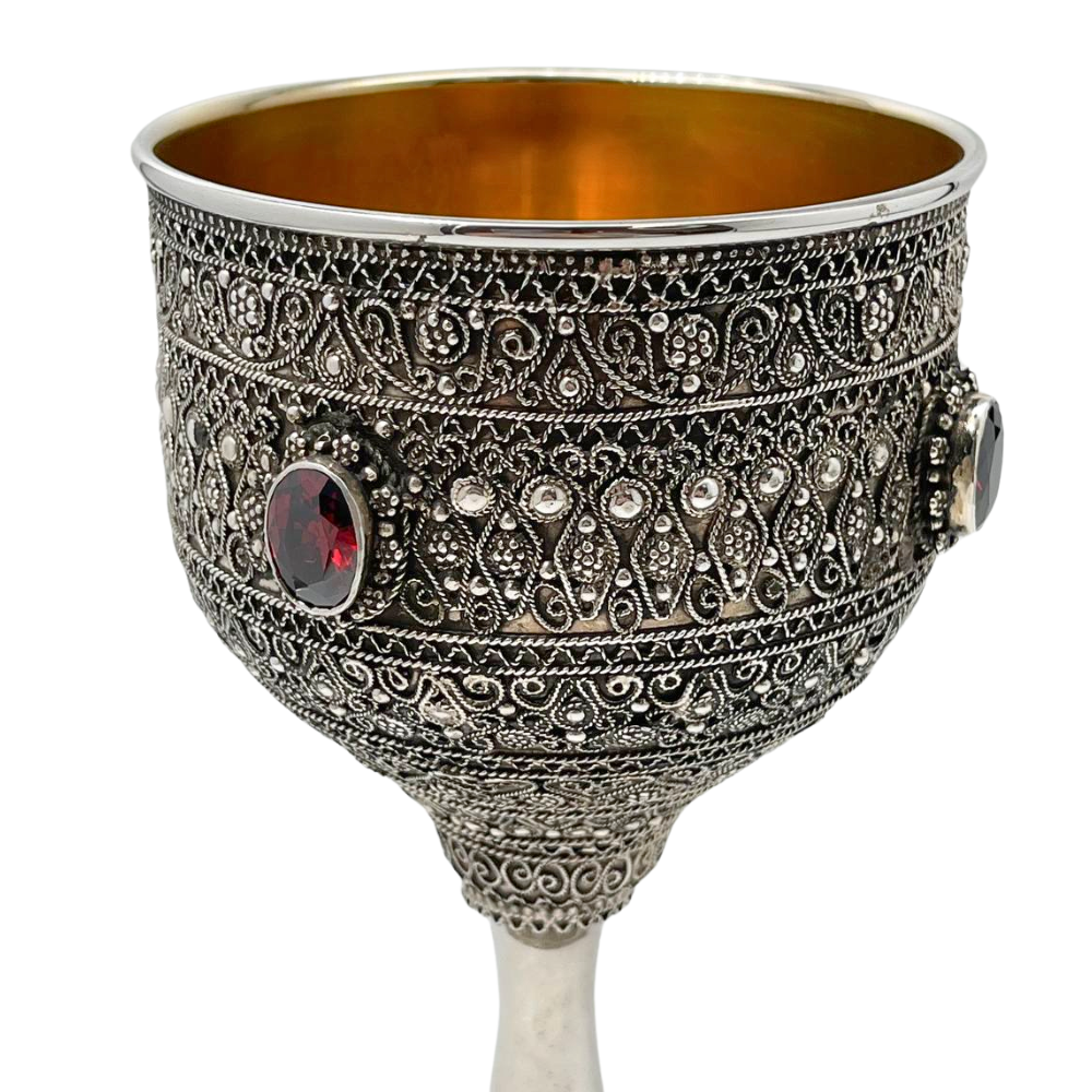 Kiddush Cup with Full Silver Filigree and Garnet Stones