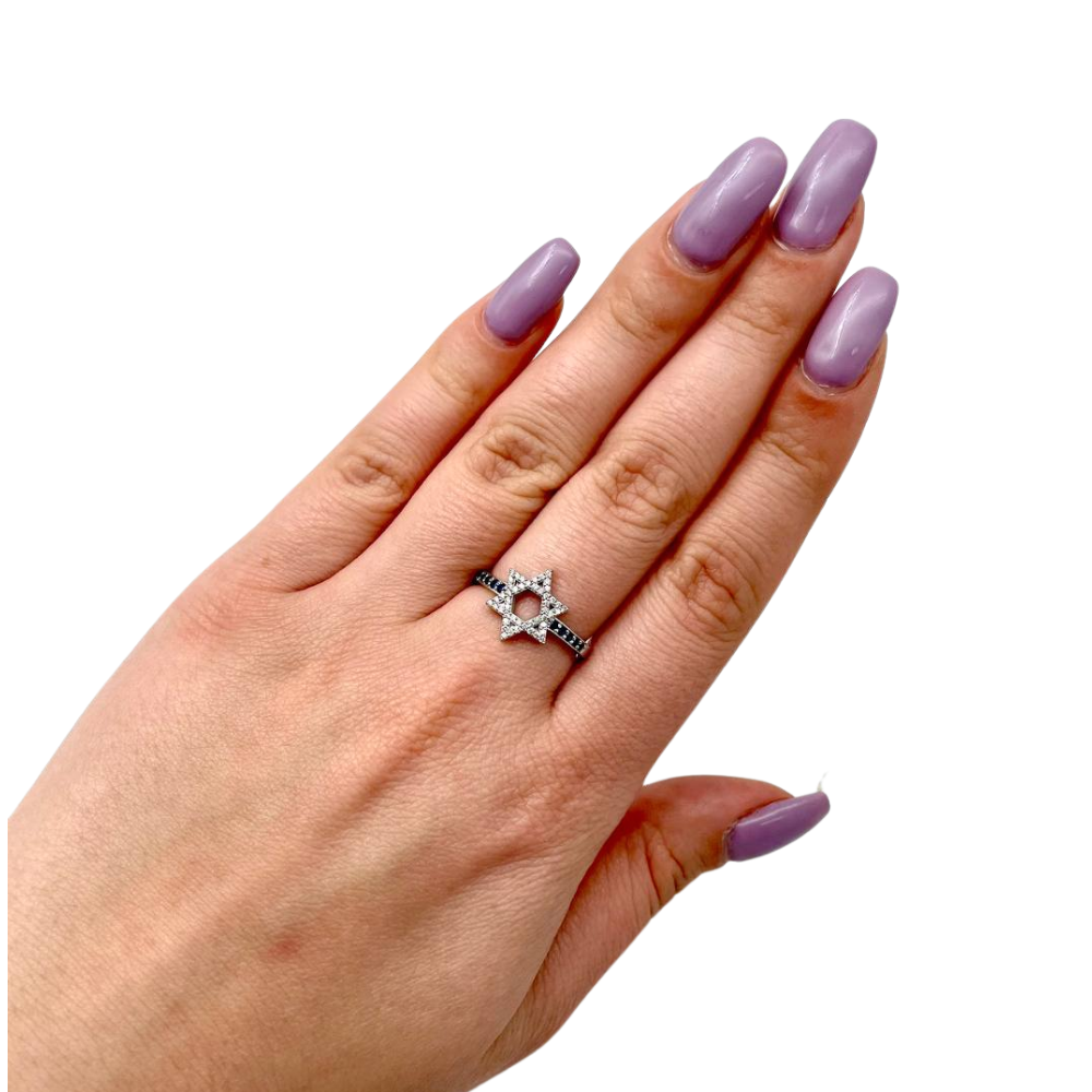 Star of David Ring with Diamonds and Sapphires in 14K White Gold