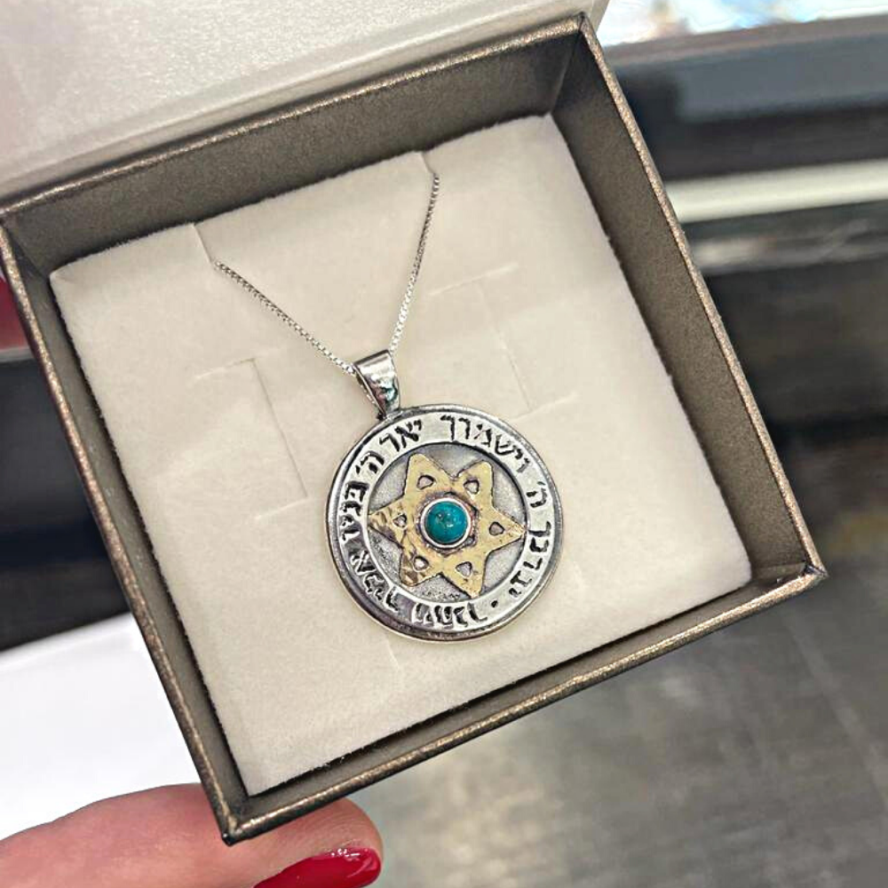 Silver and Gold Turquoise Protection Kabbalah Necklace