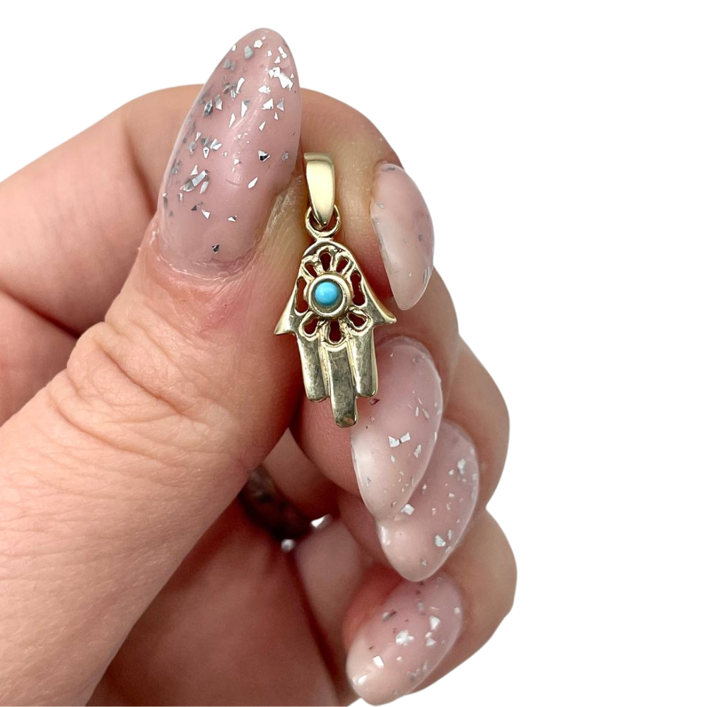 14k Gold Hamsa Pendant with Turquoise Stone