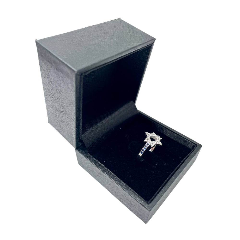 Star of David Ring with Diamonds and Sapphires in 14K White Gold