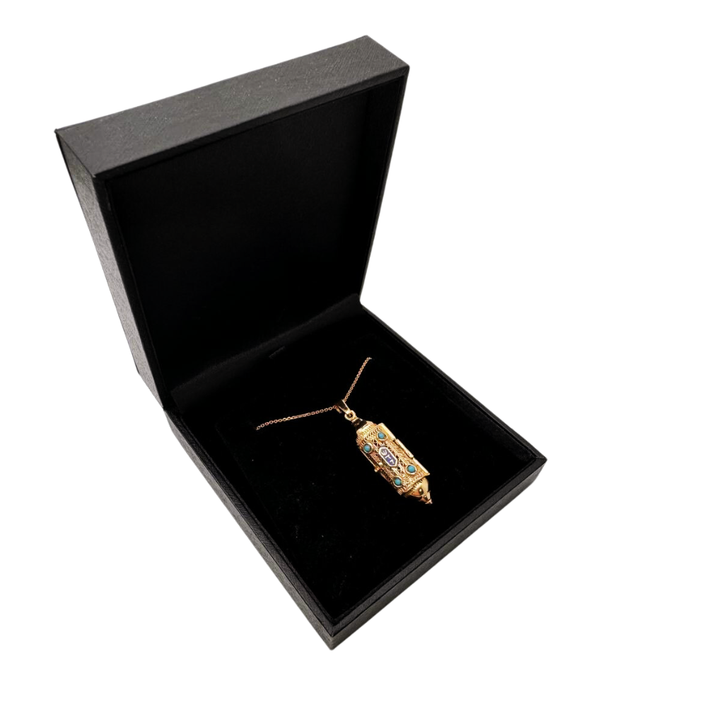 Mezuzah Scroll Pendant 14k Gold Filigree & Enamel