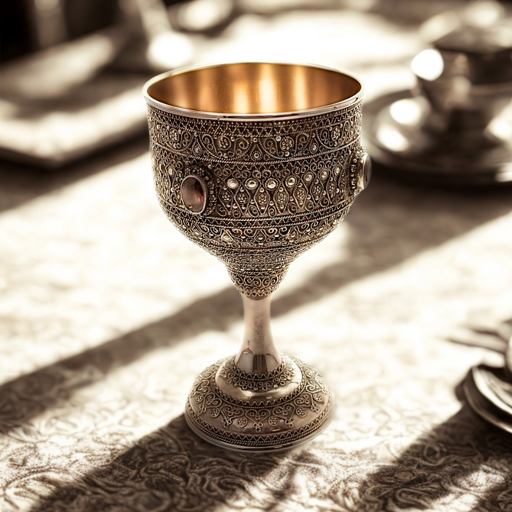Kiddush Cup with Full Silver Filigree and Garnet Stones