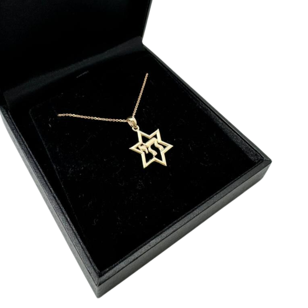 14K Gold Chai Star of David Pendant