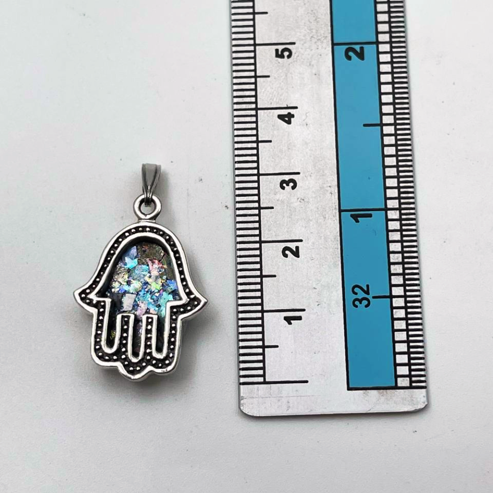 Sterling Silver Roman Glass Hamsa Pendant