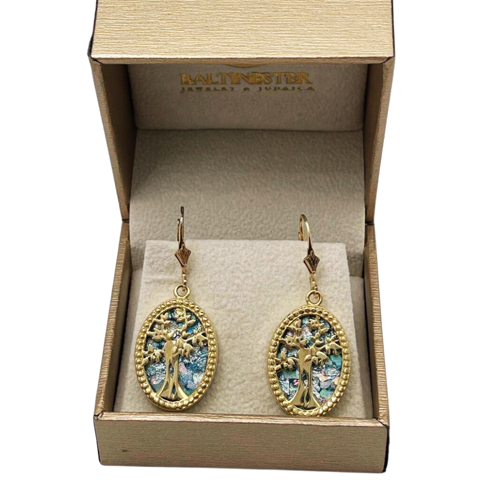 Tree of Life Oval Earrings with Roman Glass in 14K Gold