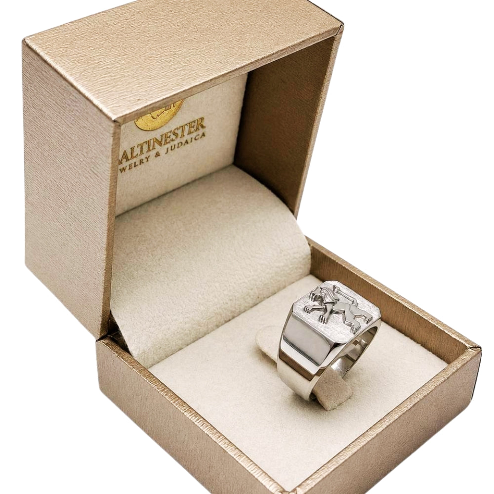 14K White Gold Lion of Judah Signet Ring Jewish Symbol Men's Statement Ring