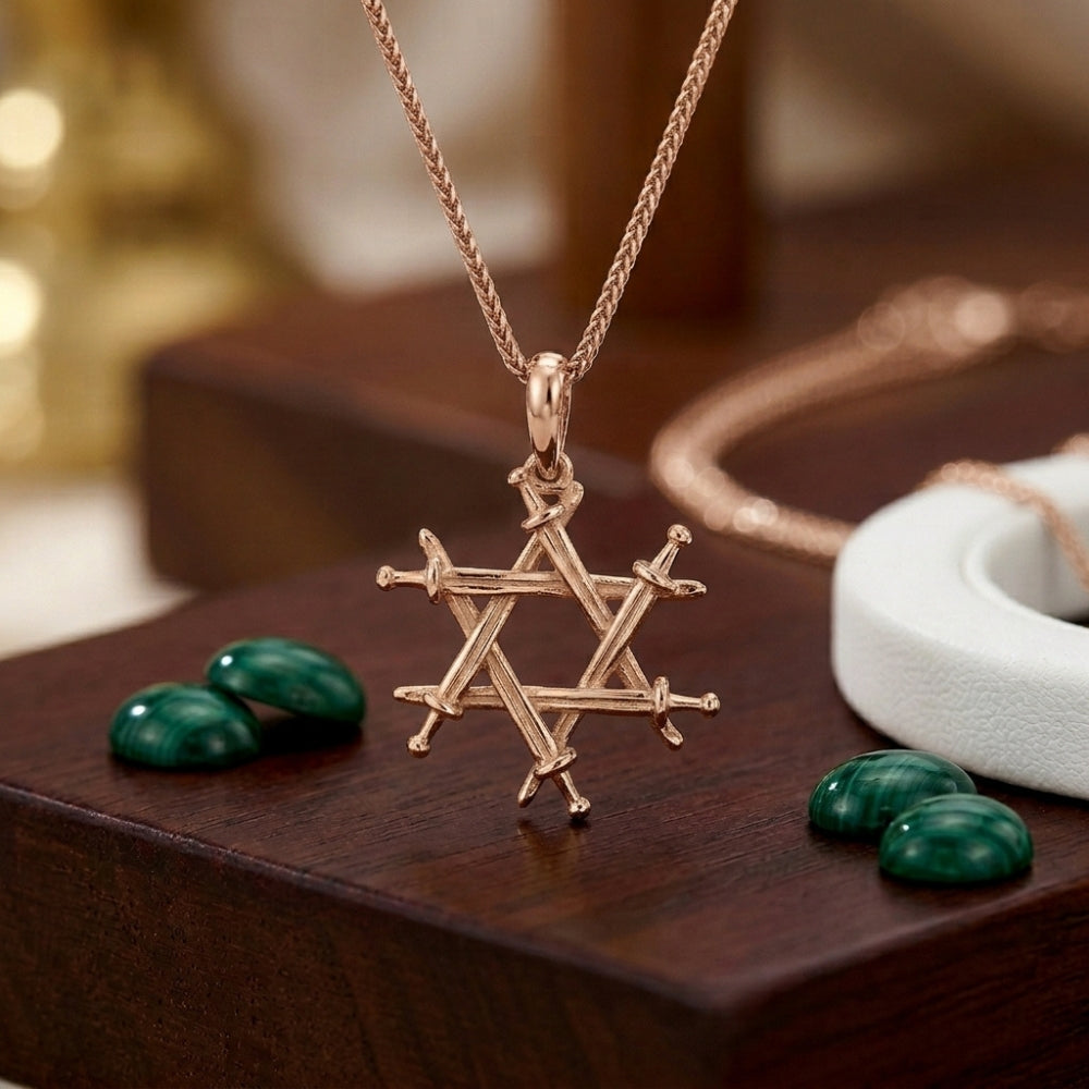 14K Solid Gold Iron Swords Star of David Pendant – Magen David Haravot Barzel Jewish Necklace