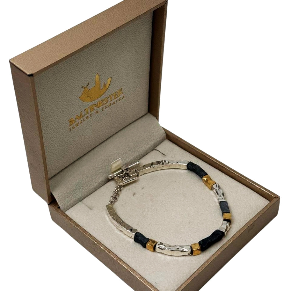 Handcrafted Israeli Mixed-Metal Bar Bracelet – Silver, Oxidized Silver & Gold Plated