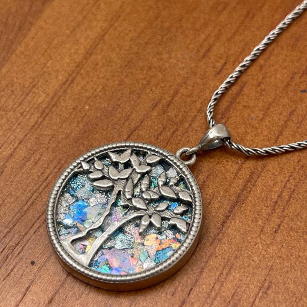 Tree of Life Necklace with Roman Glass in Sterling Silver