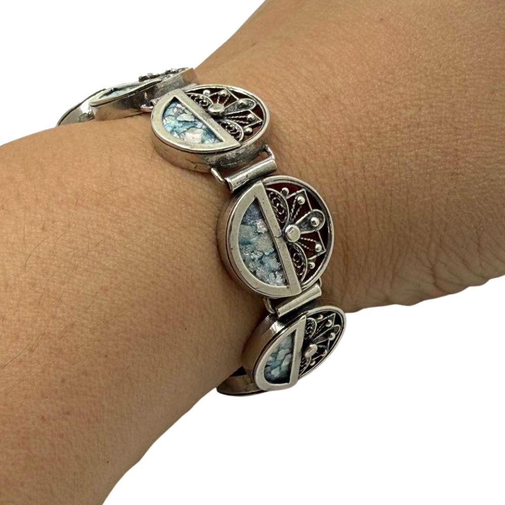 Sterling Silver Roman Glass Link Bracelet