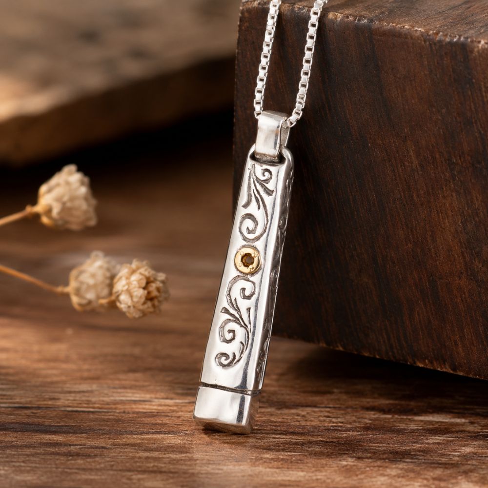 Jewish Mezuzah Kabbalah Pendant Necklace with Red Garnet Stone