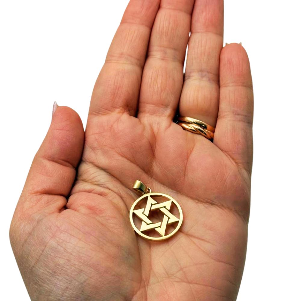 14K Solid Gold Round Star of David Pendant