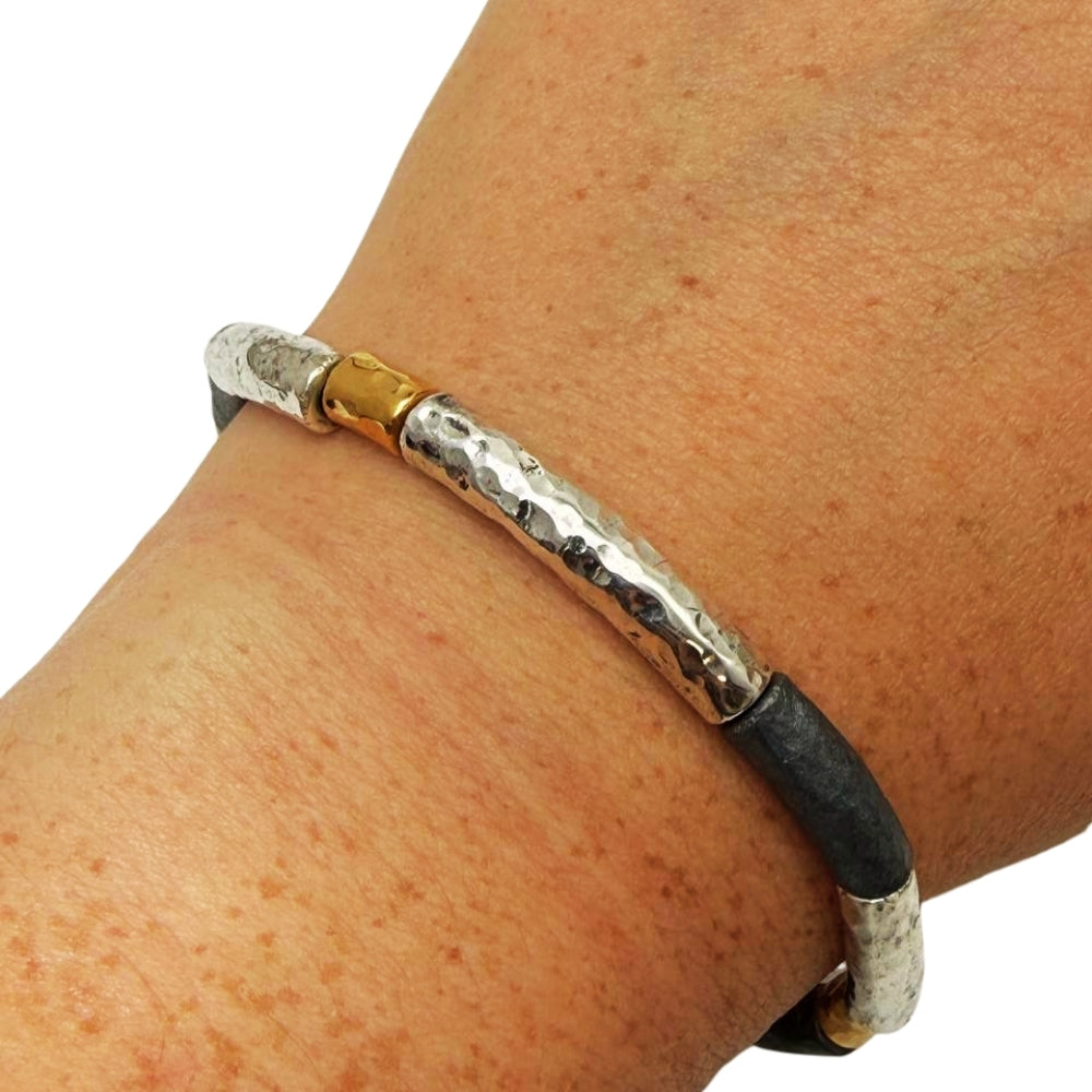 Lightweight Israeli Silver Bracelet – Oxidized Silver & Gold Plated Hammered Jewelry