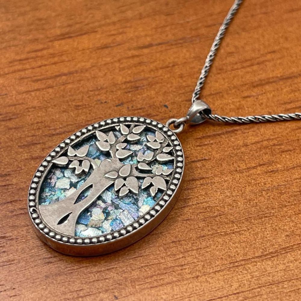 Tree of Life Necklace with Roman Glass in Sterling Silver Oval