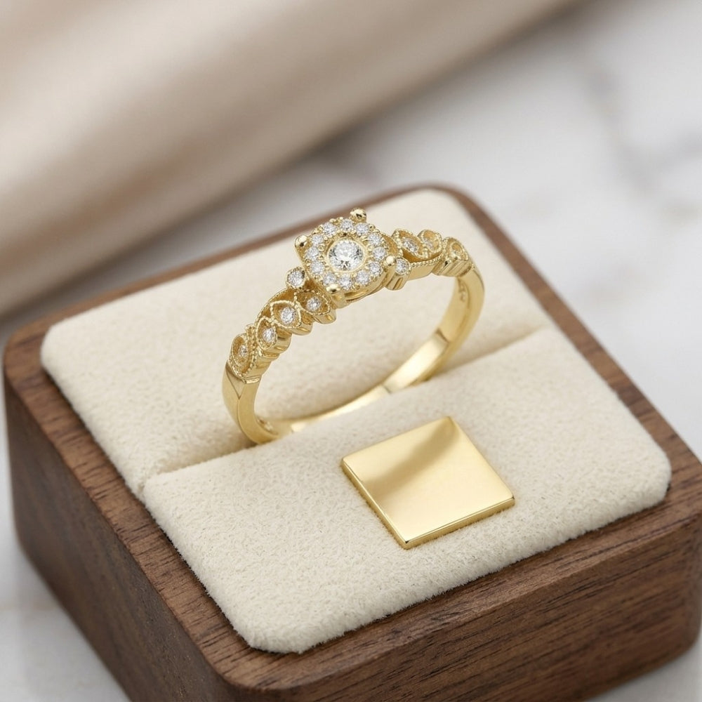 Vintage Inspired Diamond Halo Engagement Ring in 14k Gold