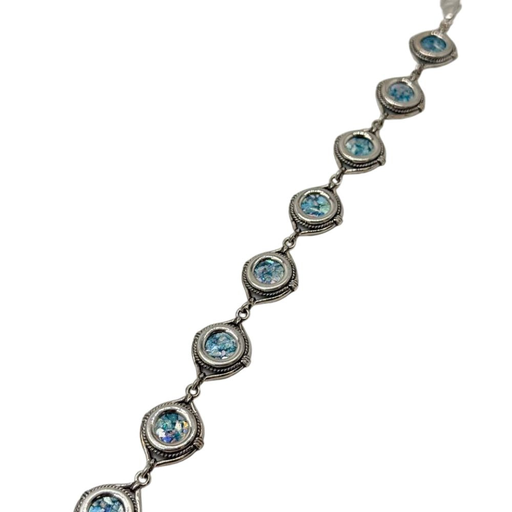 Sterling Silver Roman Glass Link Bracelet Round Station