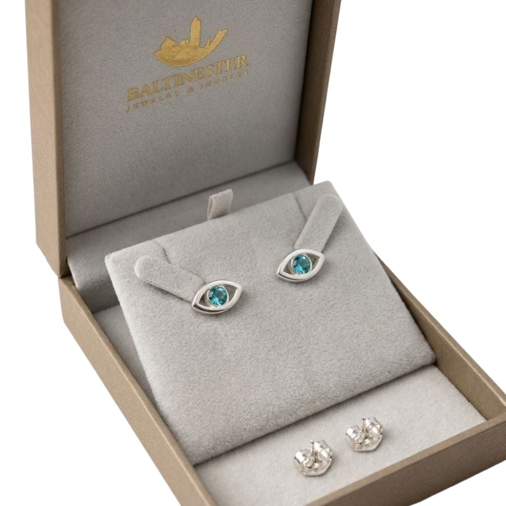Sterling Silver Evil Eye Stud Earrings Swarovski Crystal Birthstone